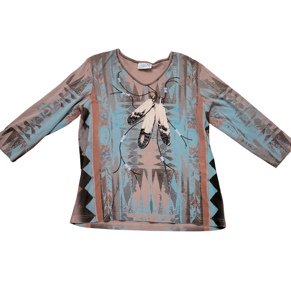 Cactus Bay XL Top Brown Turquoise Southwestern Feather Embellished V Neck USA
